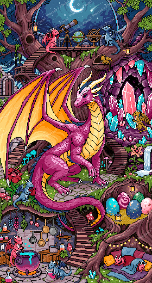 Pink fantasy dragon in an enchanted crystal cave with lanterns and tiny dragons