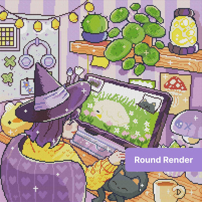 Cute witch at a cozy desk with plants, cat, and pastel fantasy décor