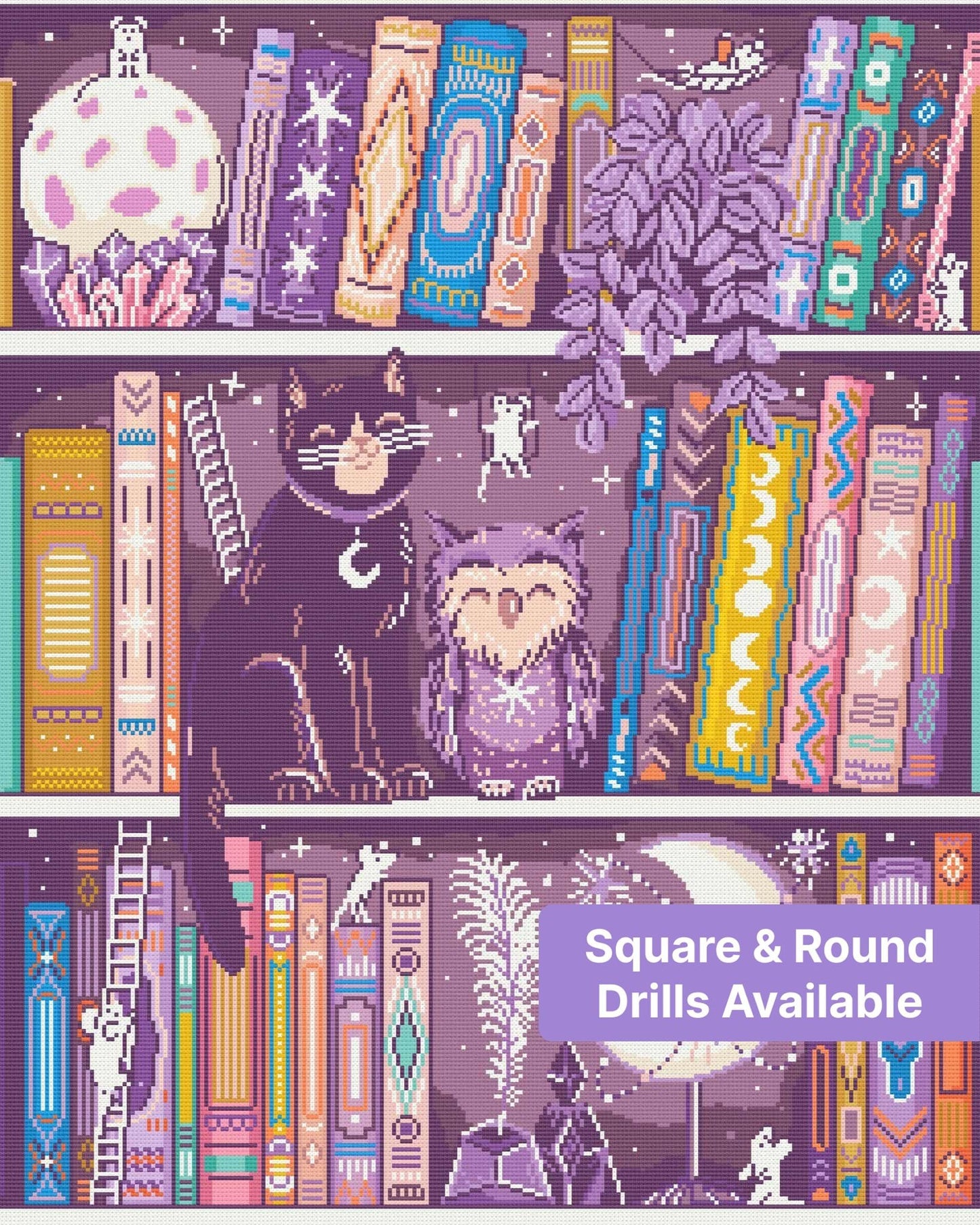 Whimsical cat and owl bookshelf scene with moons, books, crystals, and boho-style details