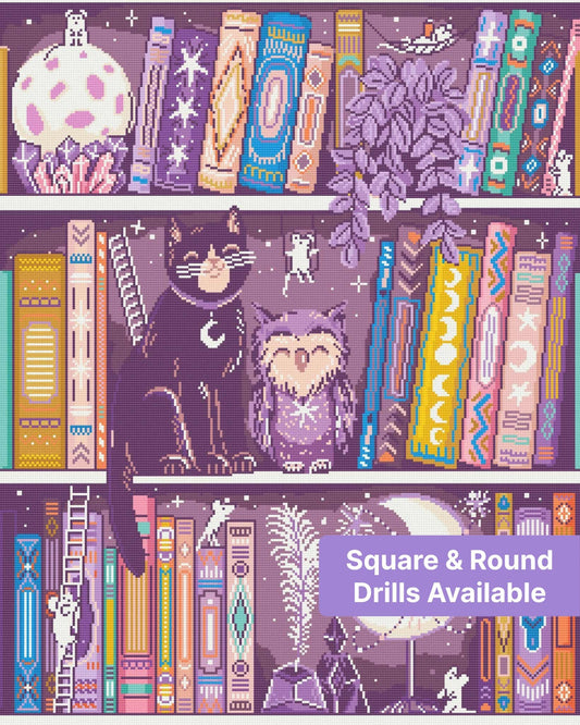 Whimsical cat and owl bookshelf scene with moons, books, crystals, and boho-style details