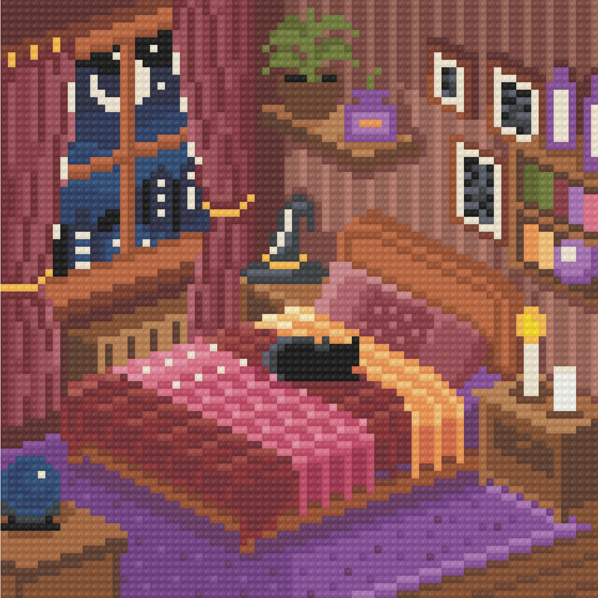 Four witchy bedroom diamond art scenes in purple and cozy fantasy tones