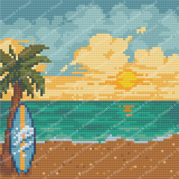 Tropical beach sunset with palm tree, turquoise water, and warm golden clouds
