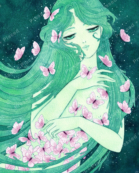 Fantasy fairy girl with long green hair and pink butterflies on a teal background