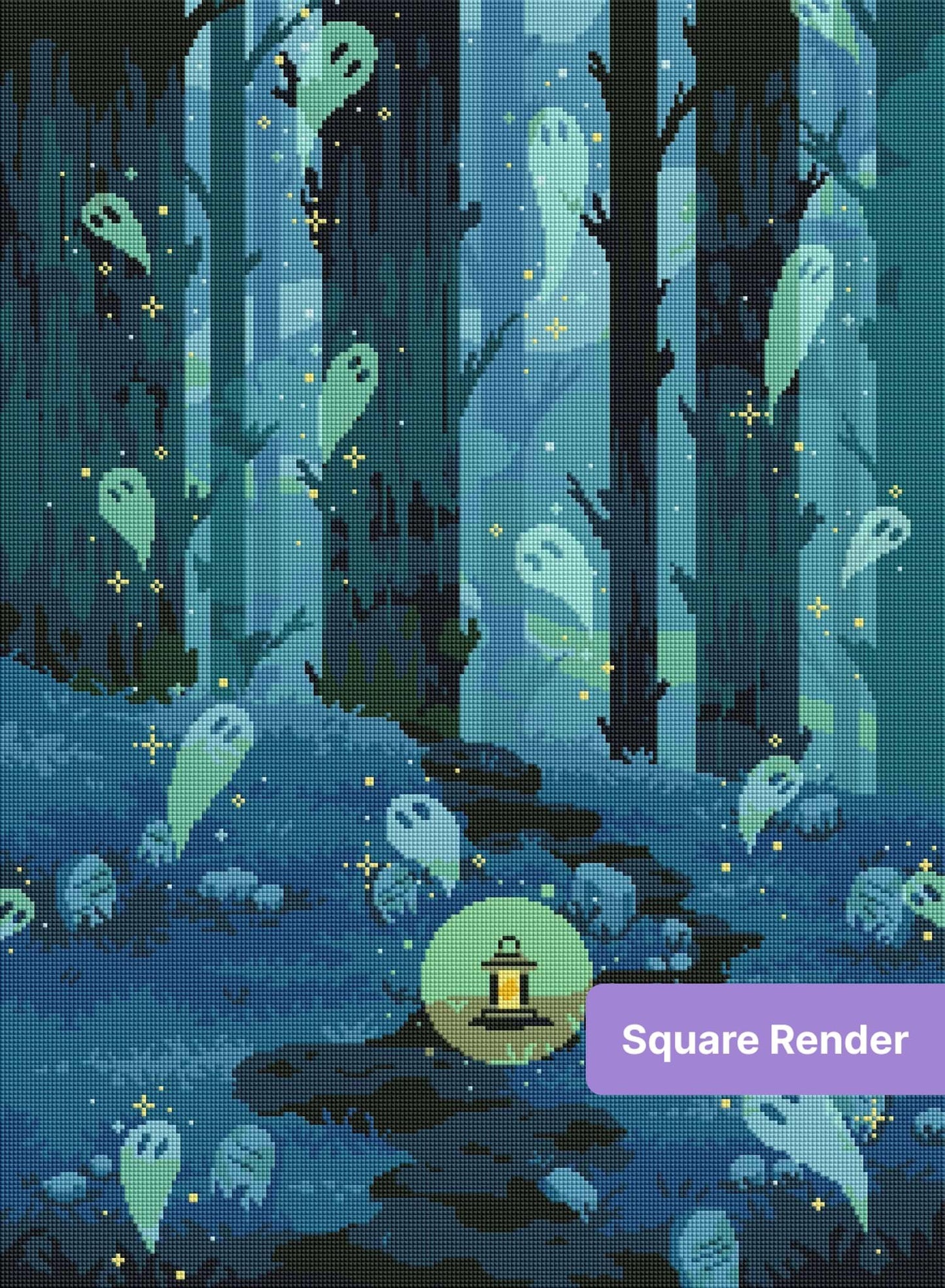 Pixel art ghost forest with lantern-lit path, glowing spirits, and teal woodland tones