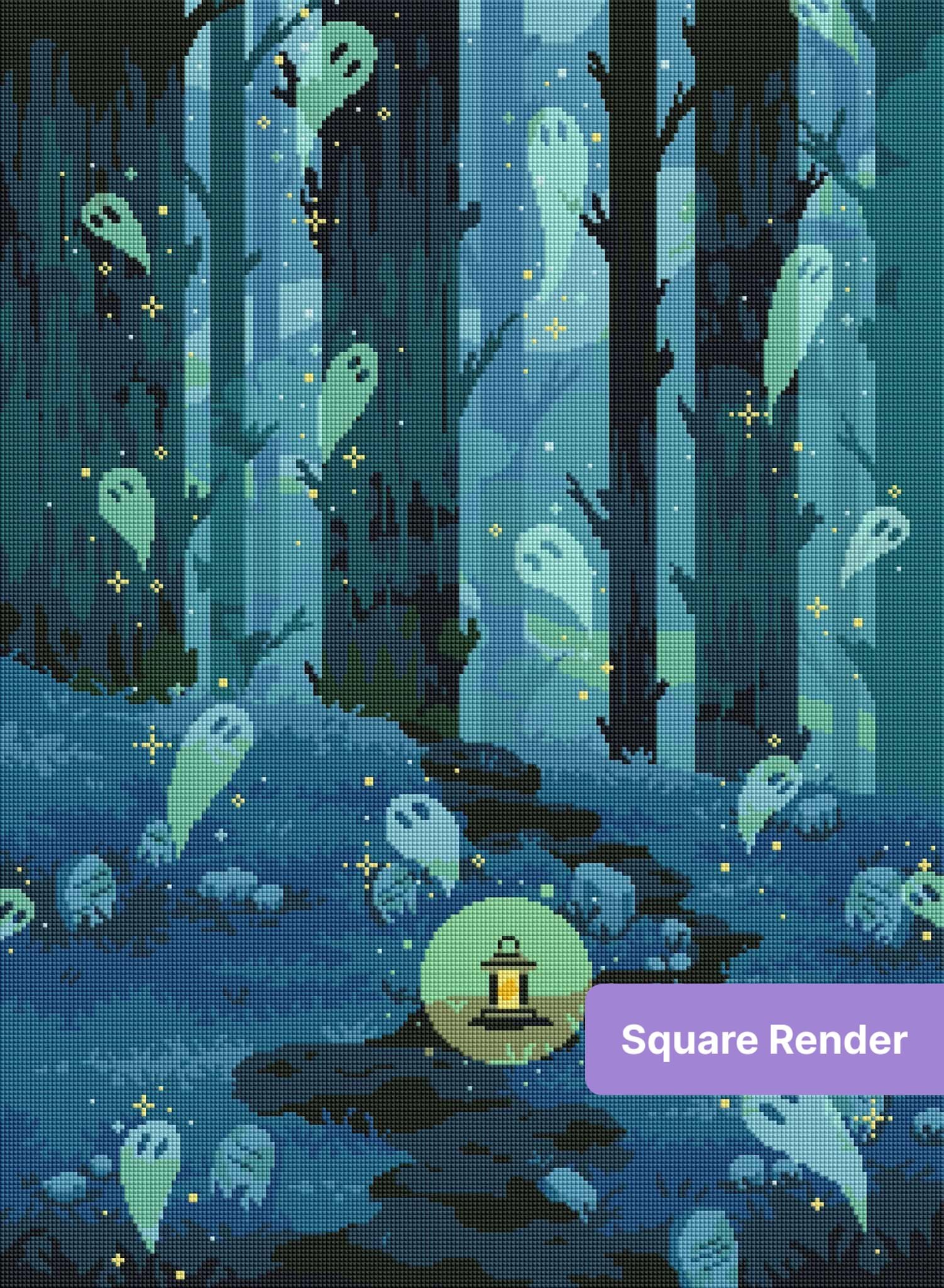 Pixel art ghost forest with lantern-lit path, glowing spirits, and teal woodland tones