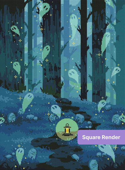 Pixel art ghost forest with lantern-lit path, glowing spirits, and teal woodland tones