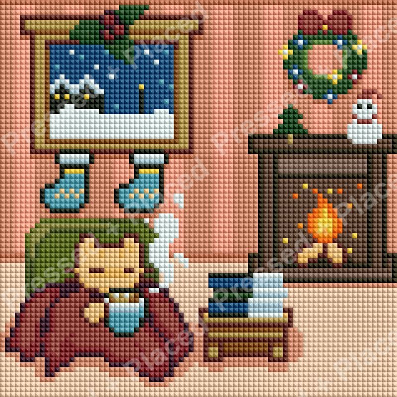 Cute Christmas cat scene with fireplace, wreath, stockings, and cozy holiday decor