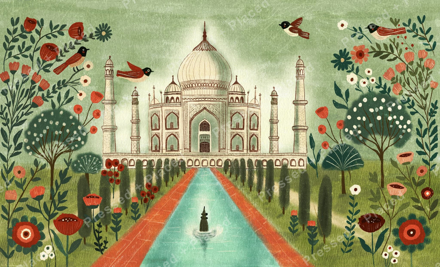 Whimsical Taj Mahal garden scene with birds, flowers, and soft green tones