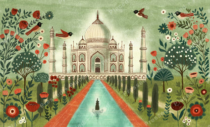 Whimsical Taj Mahal garden scene with birds, flowers, and soft green tones