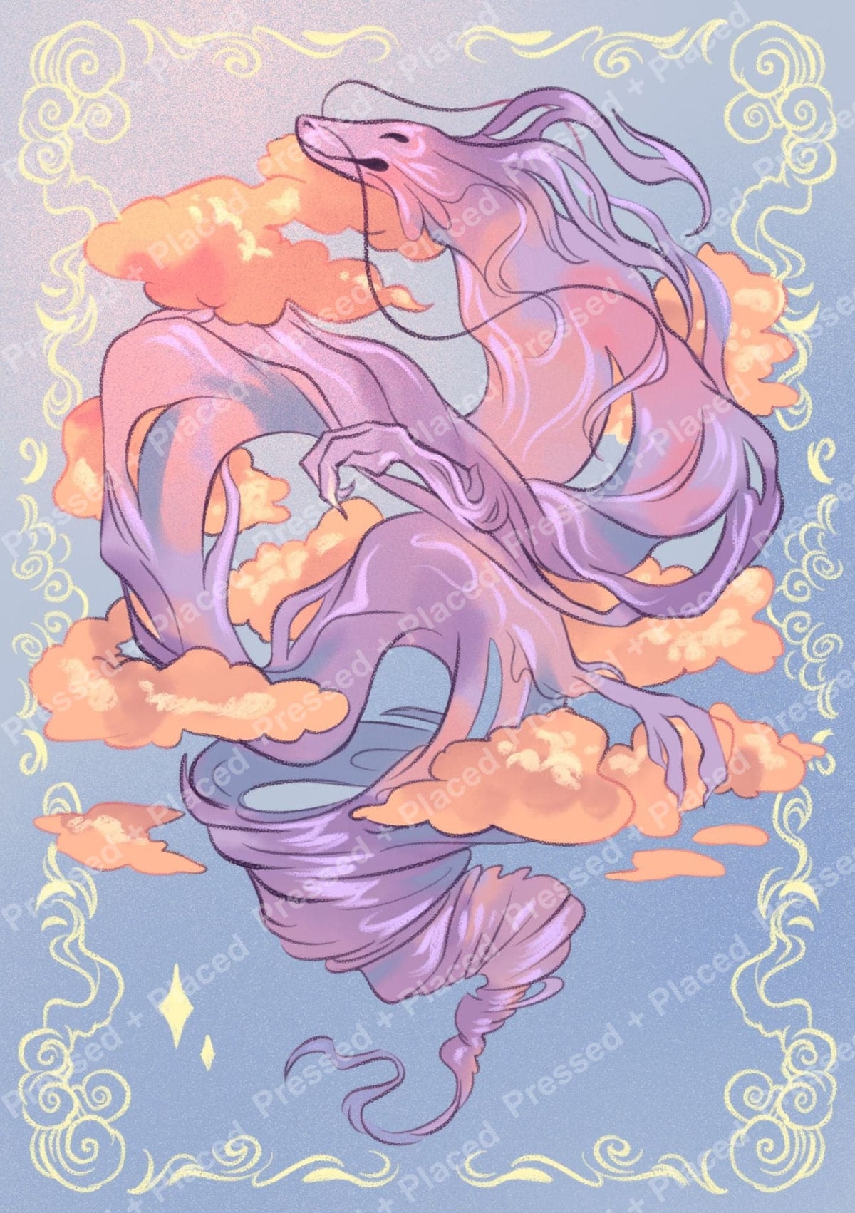 Purple dragon floating among peach clouds in a whimsical fantasy illustration