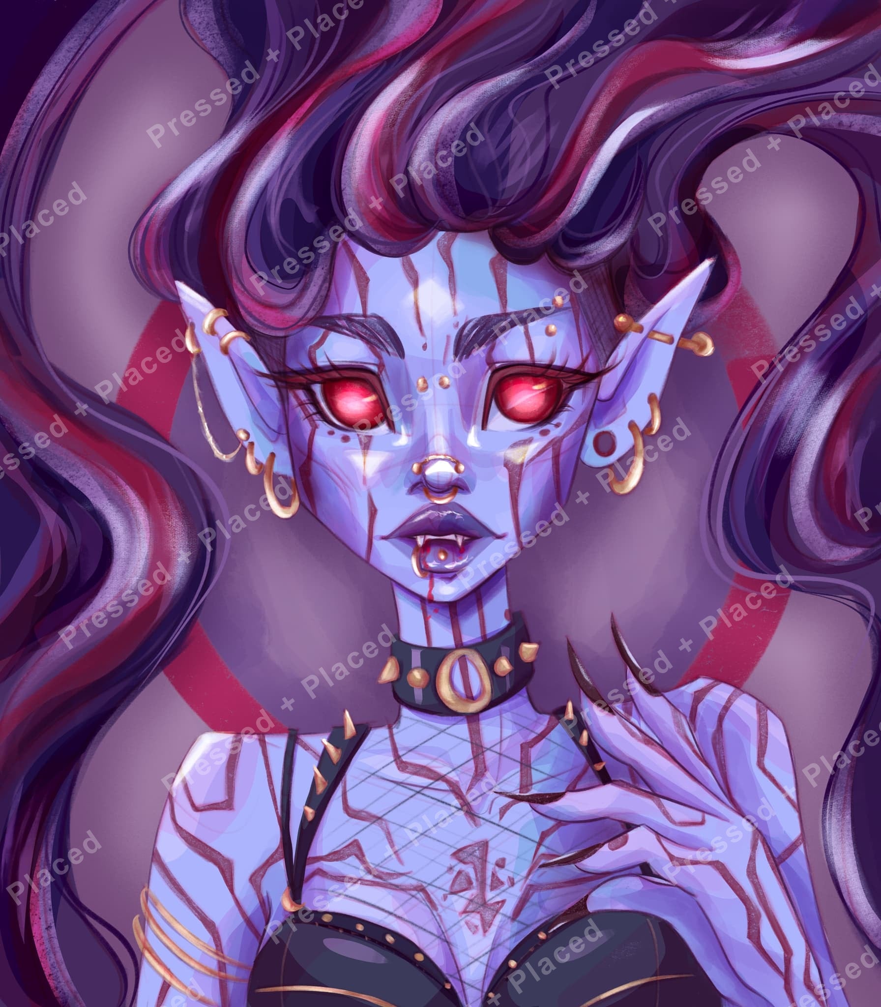 Gothic vampire demon woman portrait with glowing red eyes, dark purple hair, and gold piercings