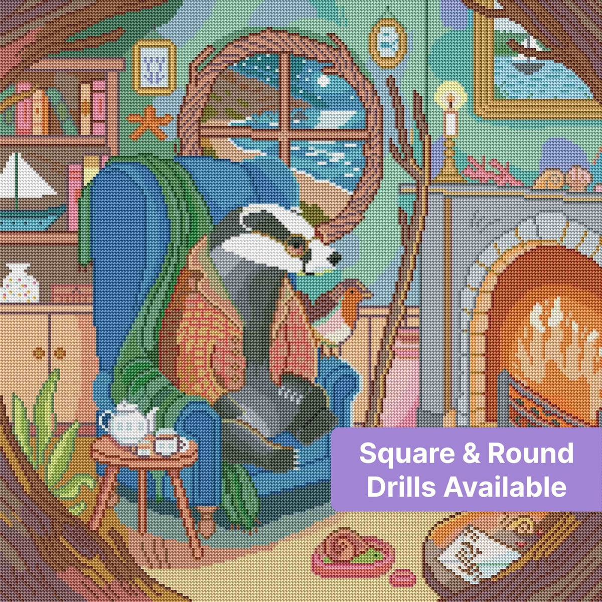 Watercolor-style badger in a cozy seaside cottage with fireplace, ocean view, and warm decor