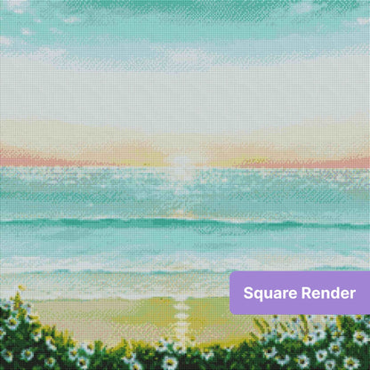 Pastel beach sunrise painting with ocean waves and white wildflowers along the shore