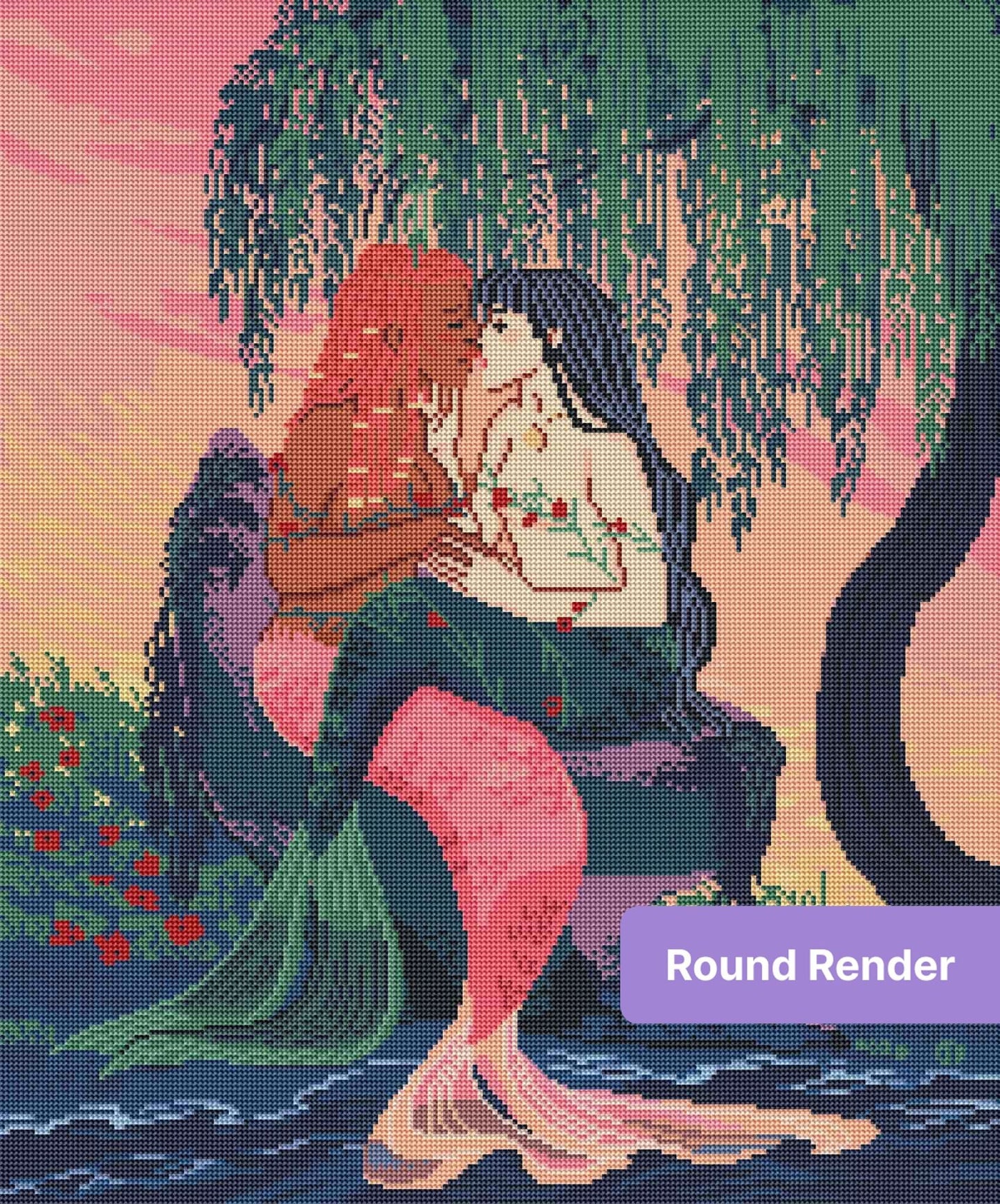Two mermaids kissing beneath a willow tree in a romantic fantasy scene