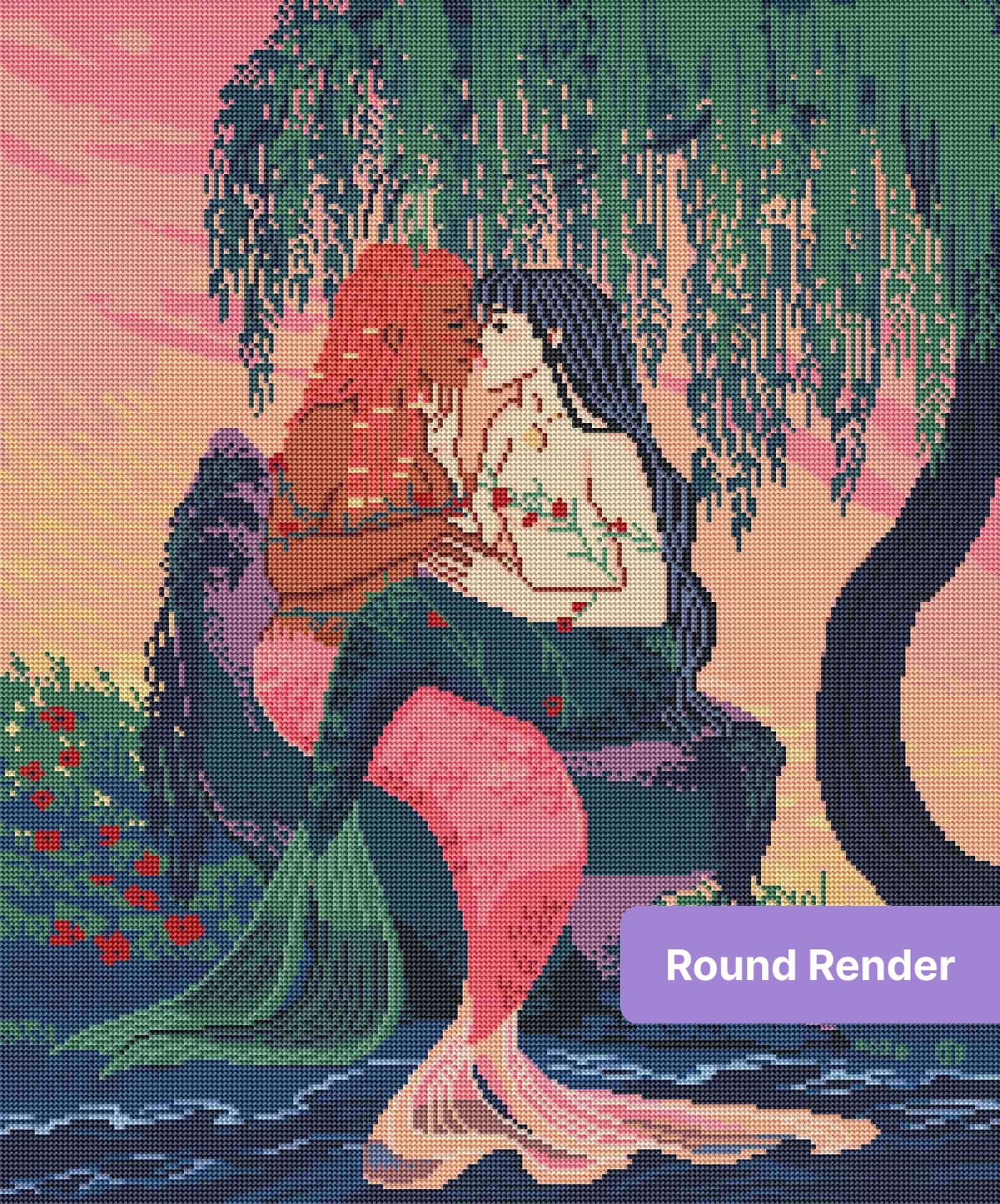 Two mermaids kissing beneath a willow tree in a romantic fantasy scene