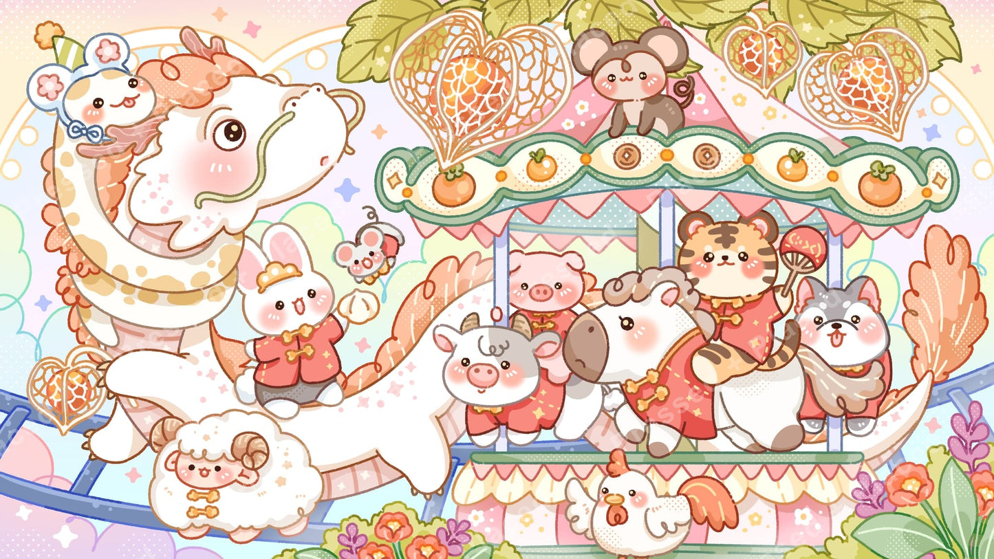 Cute pastel animal carousel with kawaii characters, hearts, flowers, and a dreamy fairground theme