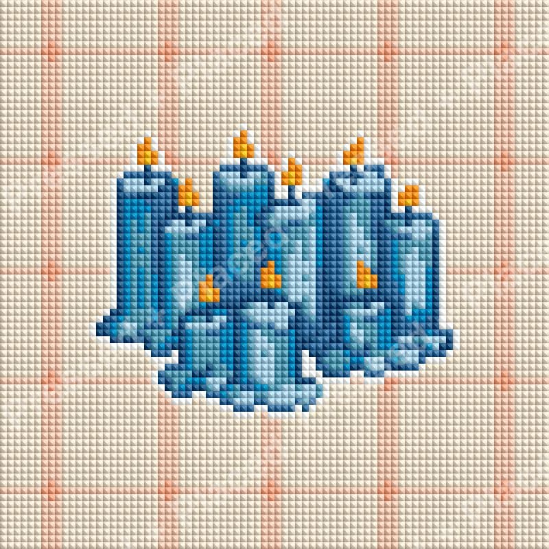 Blue candle cluster diamond art design with warm golden flames on a light background