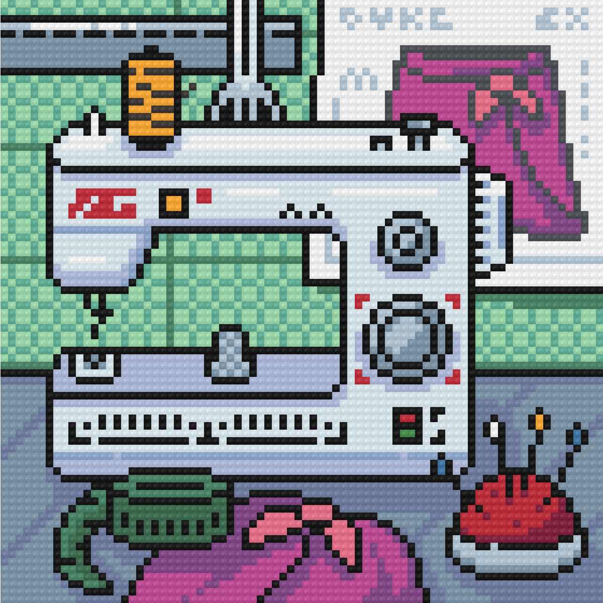 Four pixel-style creative studio diamond painting designs with sewing, painting, and crafting themes