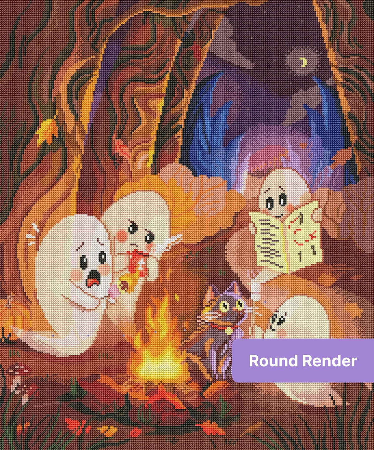 Cute ghost characters around a campfire in a whimsical Halloween forest scene