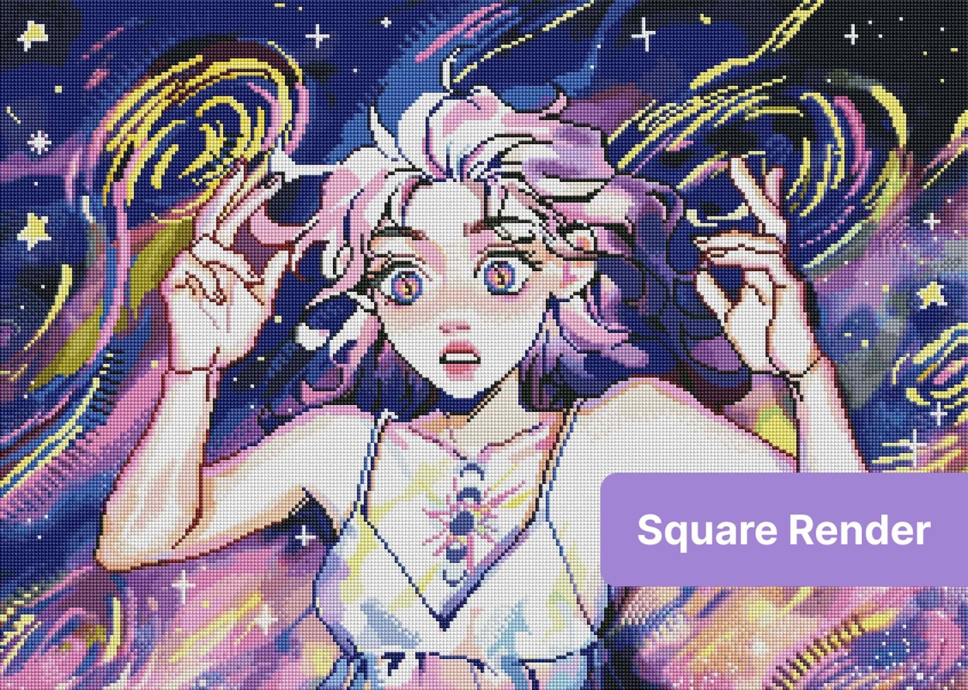 Anime-style celestial girl with swirling cosmic colors and starry fantasy background