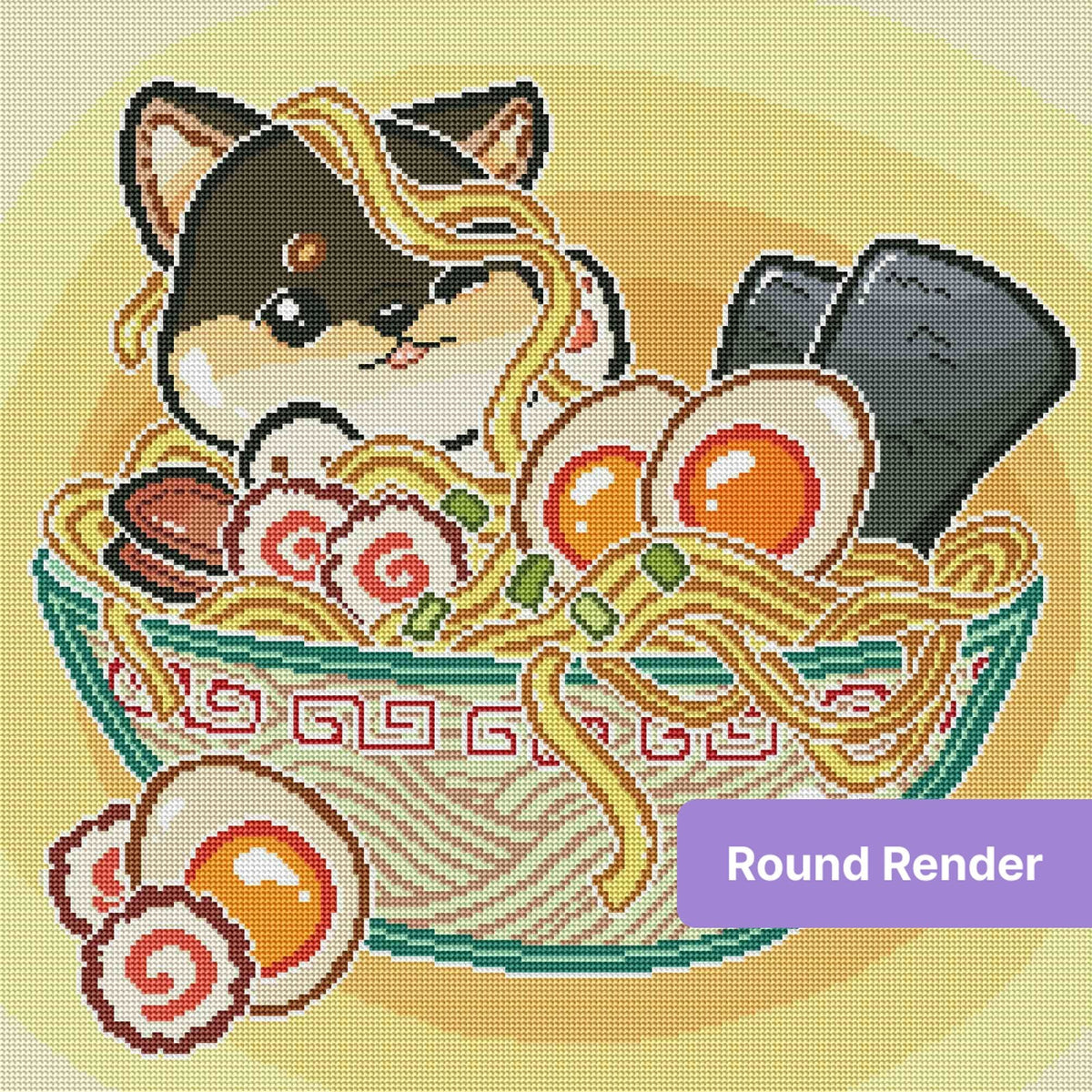 Cute cartoon ca in a bowl of ramen with eggs, seaweed, and noodles