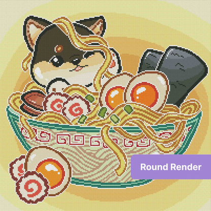 Cute cartoon ca in a bowl of ramen with eggs, seaweed, and noodles