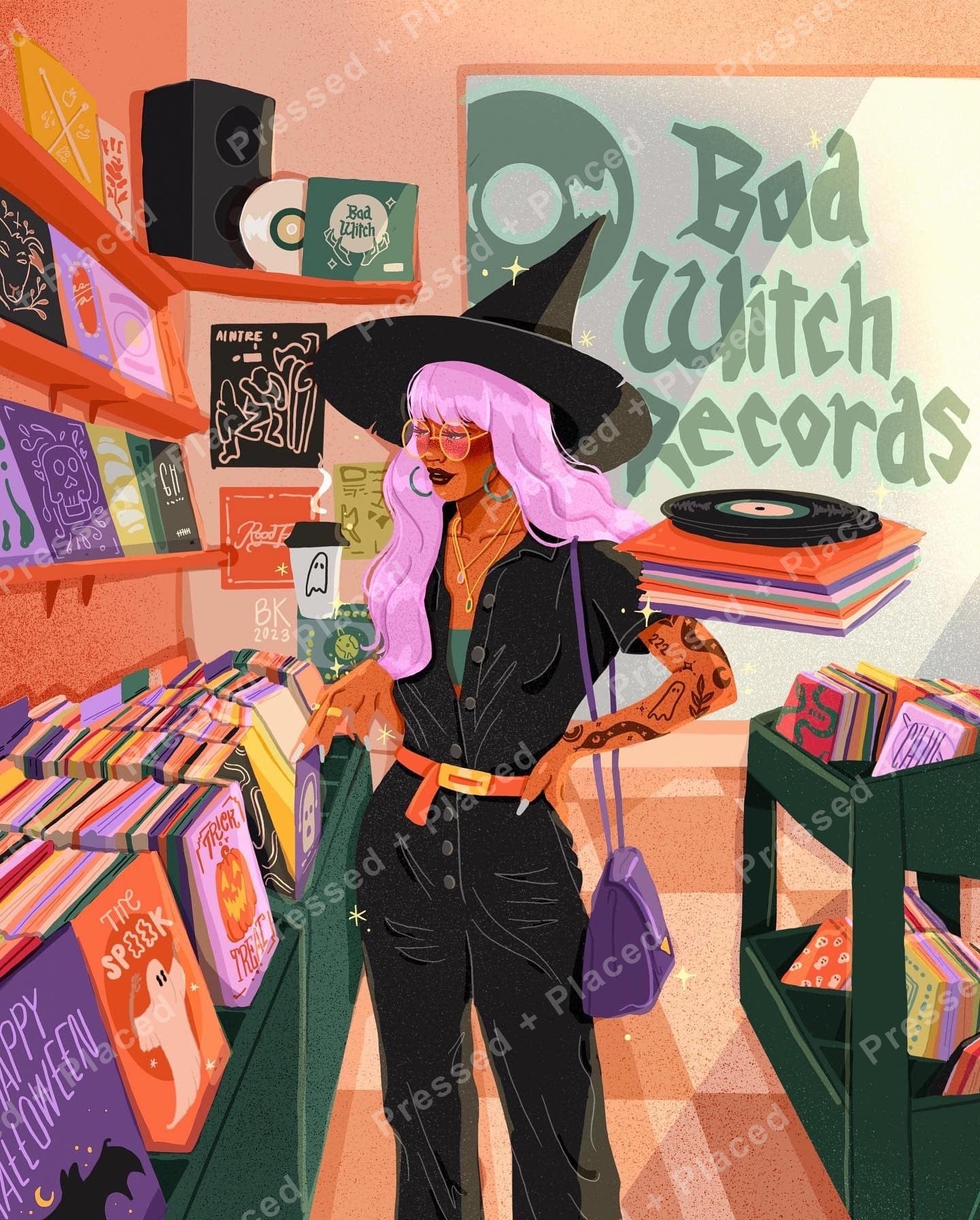 Stylish witch in a record shop surrounded by colorful vinyl and boho decor