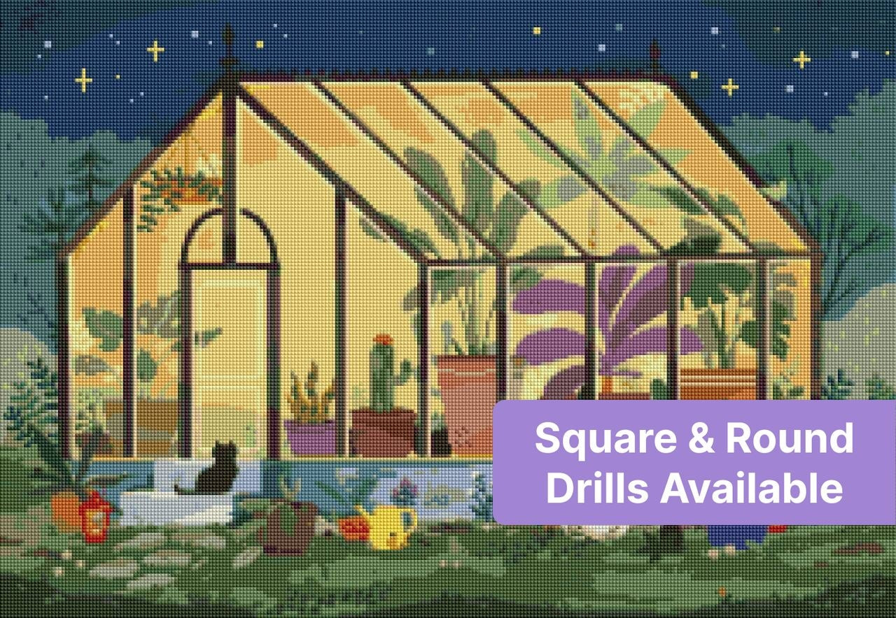 Whimsical greenhouse filled with potted plants under a starry evening sky