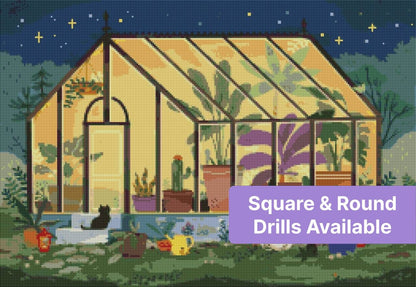 Whimsical greenhouse filled with potted plants under a starry evening sky