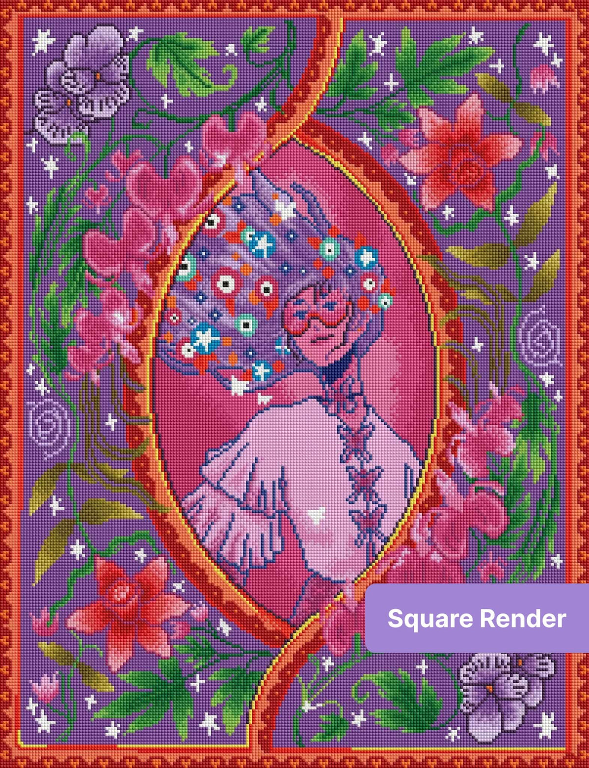 Stylized floral portrait with purple background, glowing vines, and pink blossoms