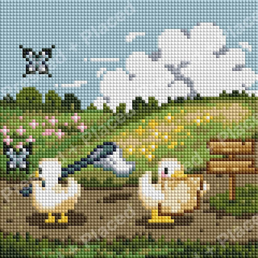 Pastel duck garden scene with flowers, countryside path, and cloudy sky diamond art style