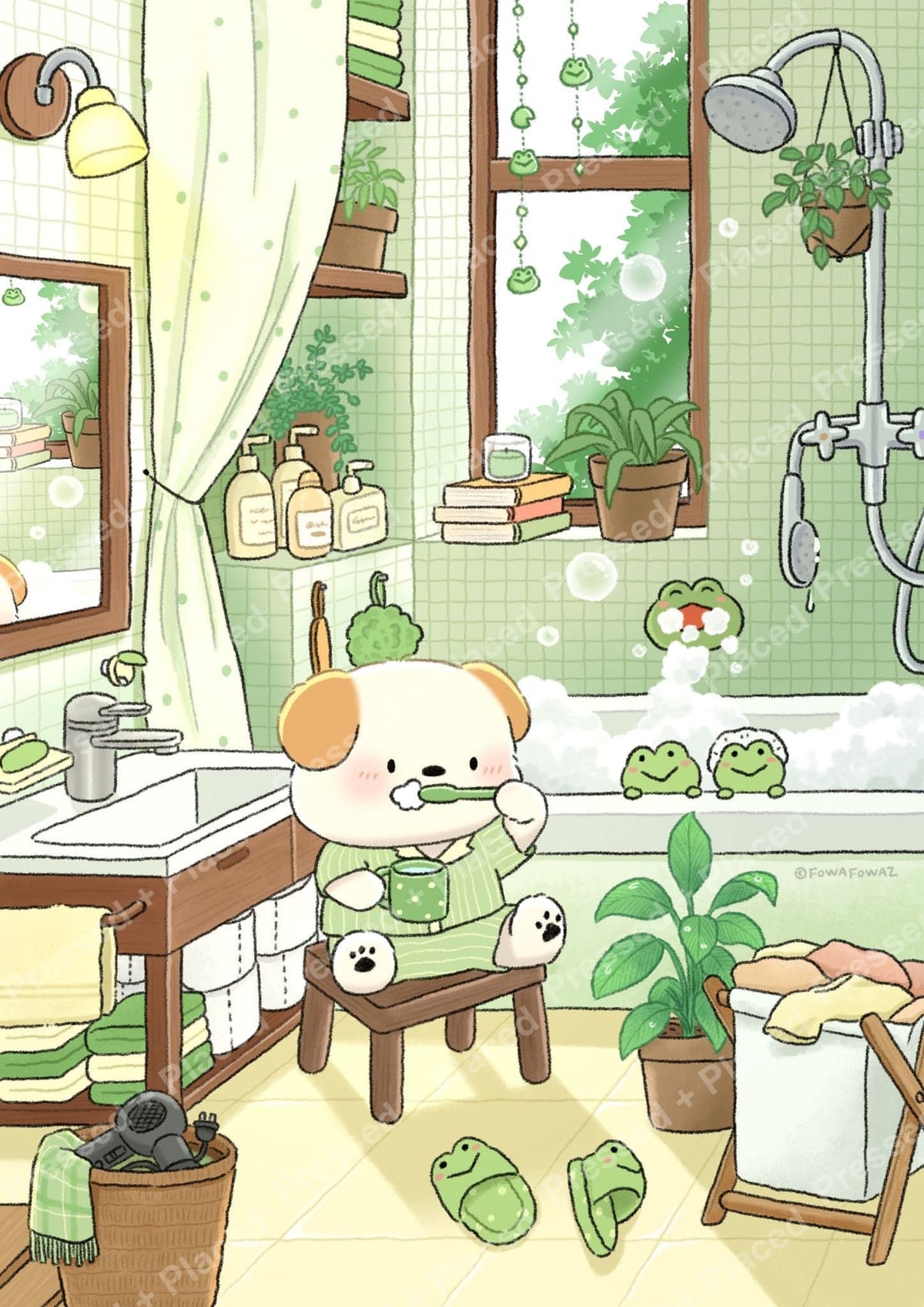 Cute bear in a green bathroom with frogs, plants, and cozy cartoon details