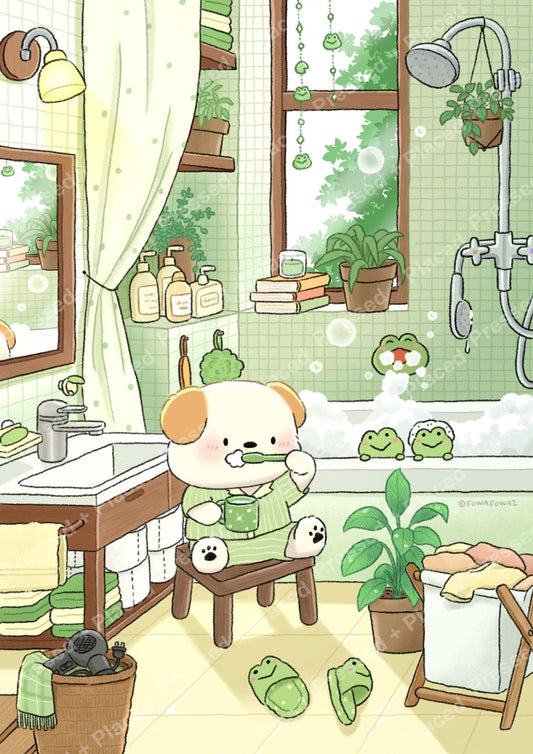 Cute bear in a green bathroom with frogs, plants, and cozy cartoon details
