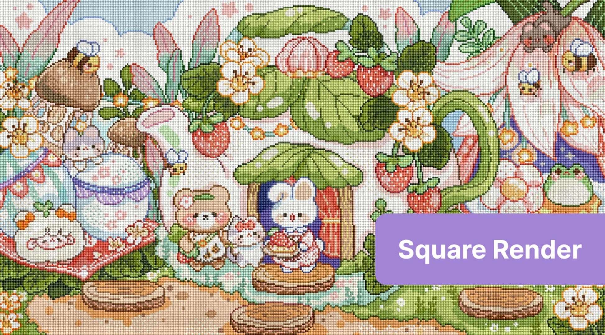 Cute woodland tea party scene with animals, flowers, strawberries, and pastel mushroom houses