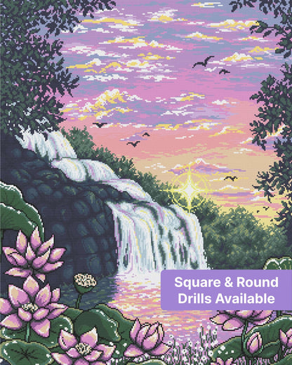 Pastel sunset waterfall scene with lotus flowers, birds, and lush tropical foliage