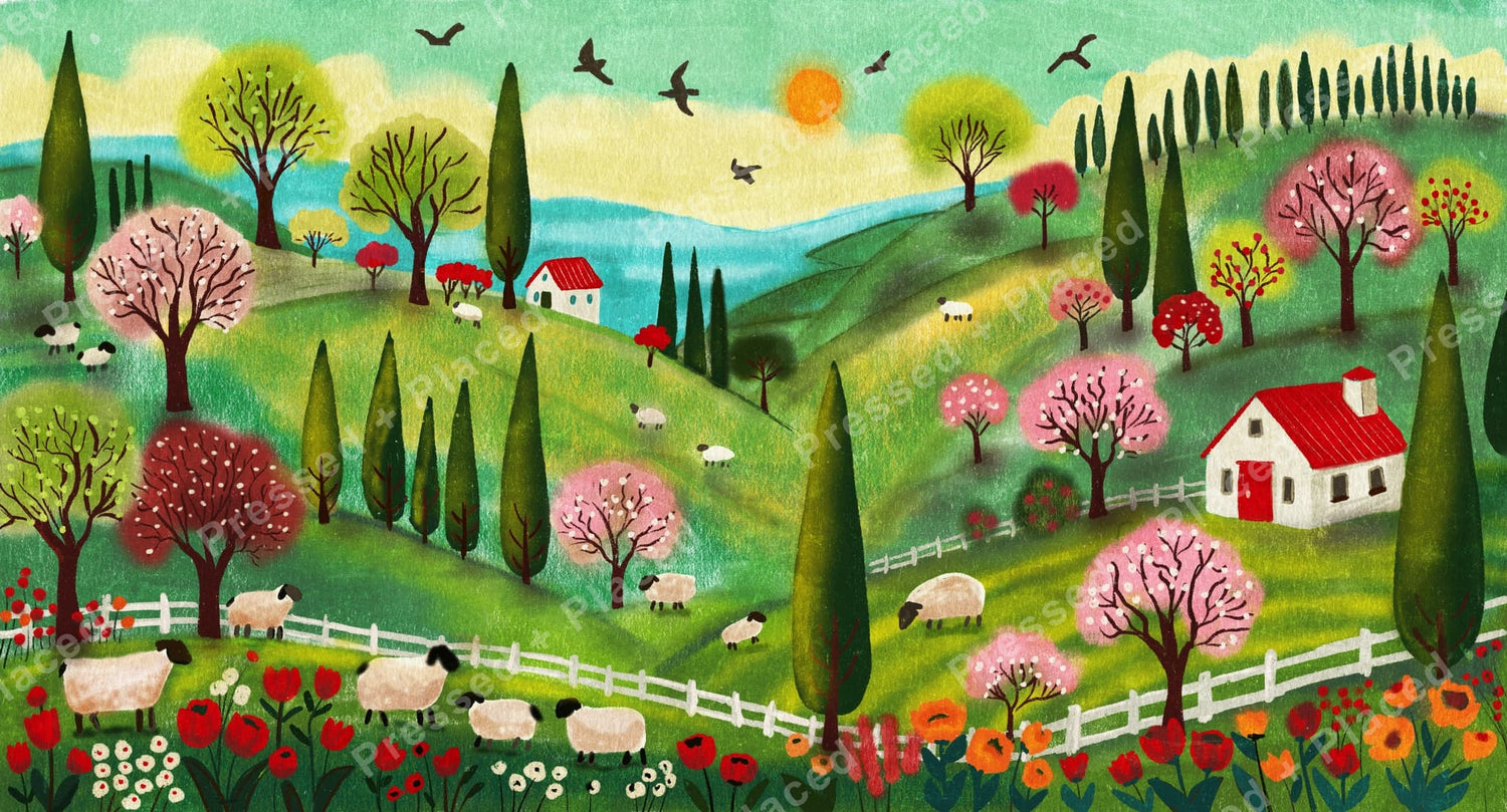 Colorful spring countryside landscape with sheep, blooming trees, cottages, and rolling hills