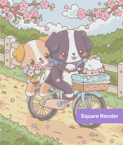 Cute cartoon puppies riding a bicycle under cherry blossoms in a pastel garden scene