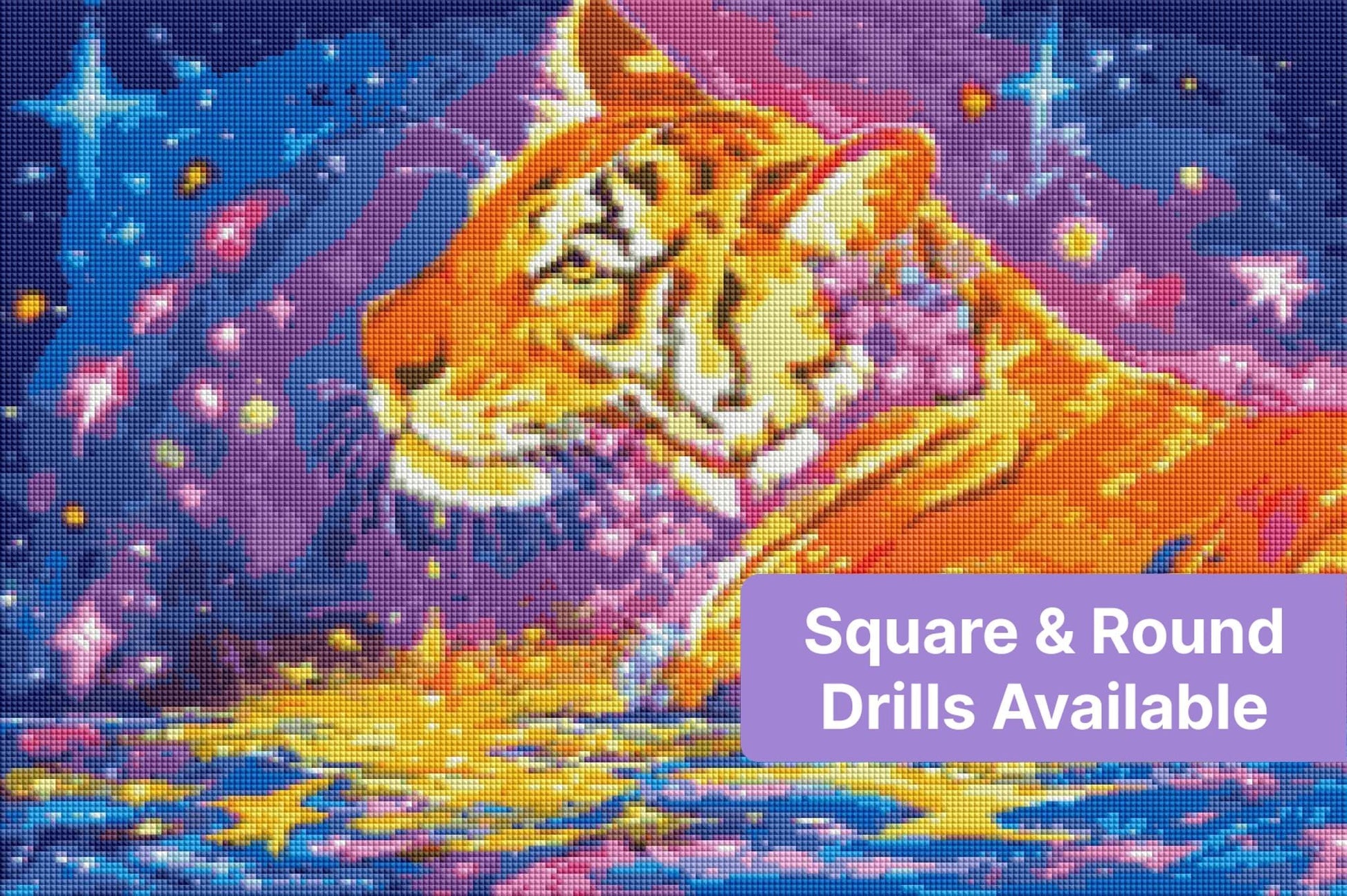Vibrant tiger portrait with cosmic purple sky, stars, and glowing orange tones