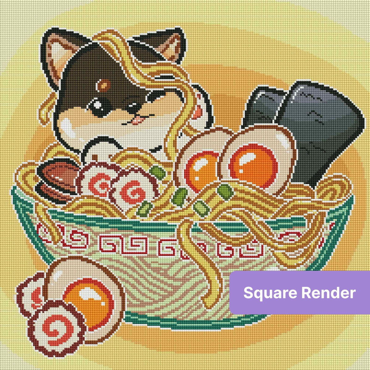 Cute cartoon ca in a bowl of ramen with eggs, seaweed, and noodles