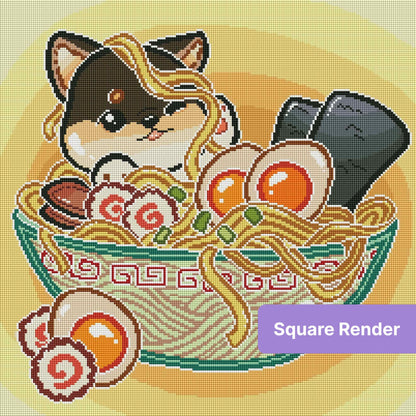 Cute cartoon ca in a bowl of ramen with eggs, seaweed, and noodles