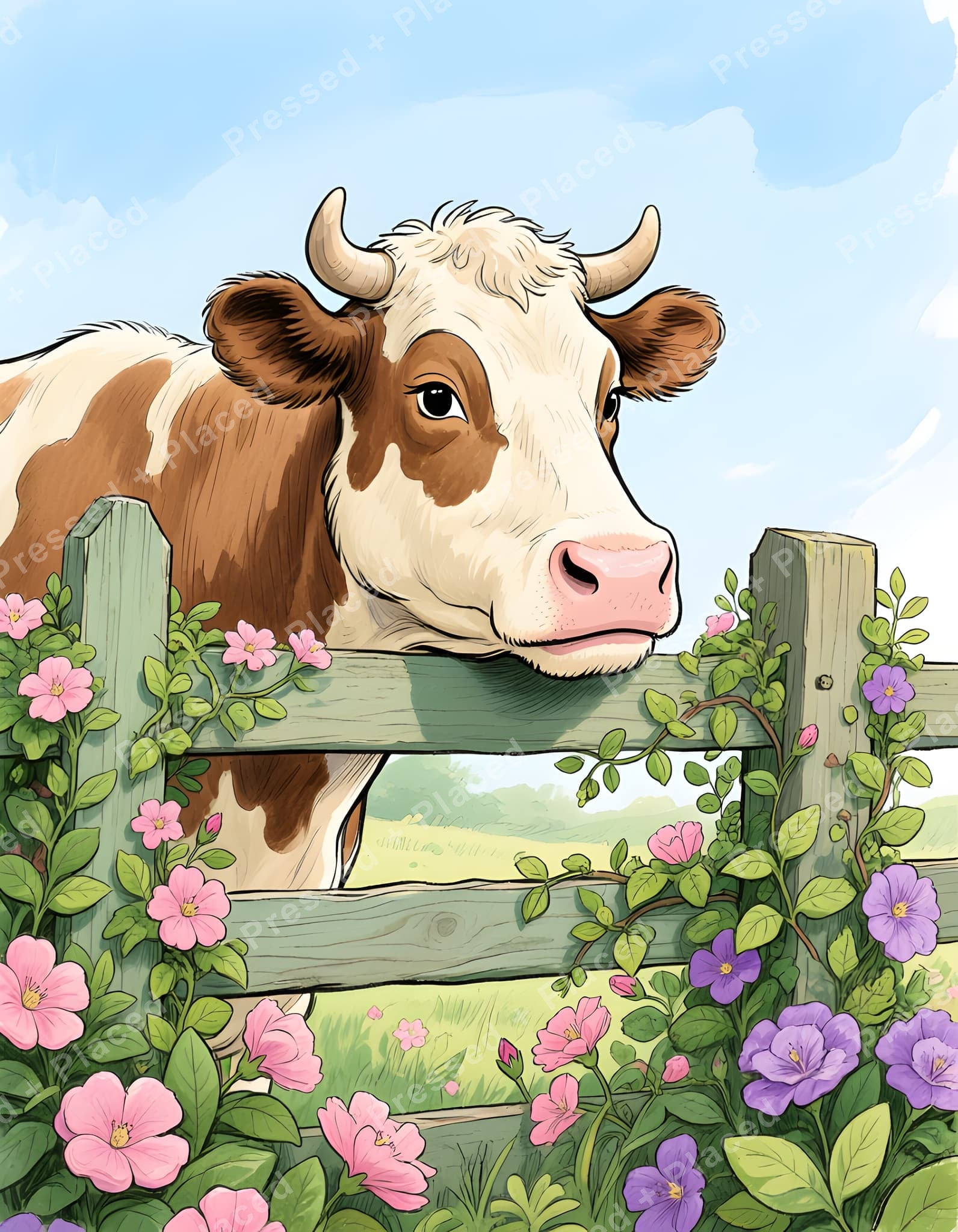 Cute brown and white cow behind a flower-covered wooden fence in a soft watercolor style
