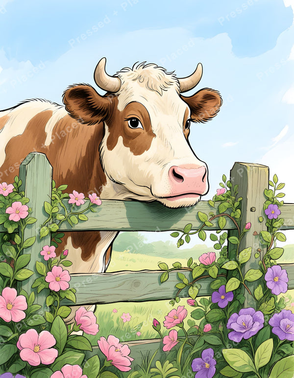 Cute brown and white cow behind a flower-covered wooden fence in a soft watercolor style