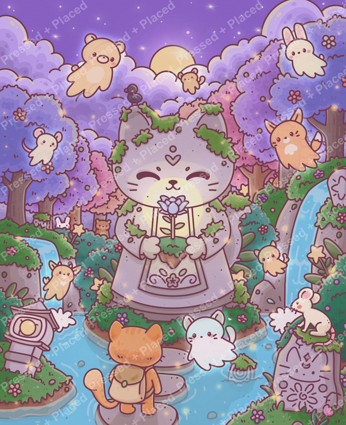 Cute pastel forest animals in a dreamy purple kawaii fantasy scene