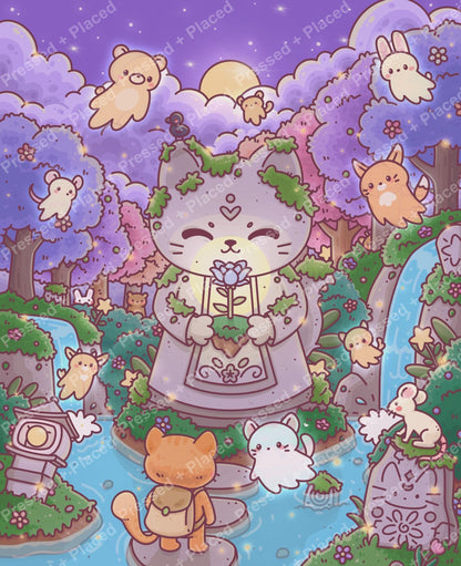 Cute pastel forest animals in a dreamy purple kawaii fantasy scene