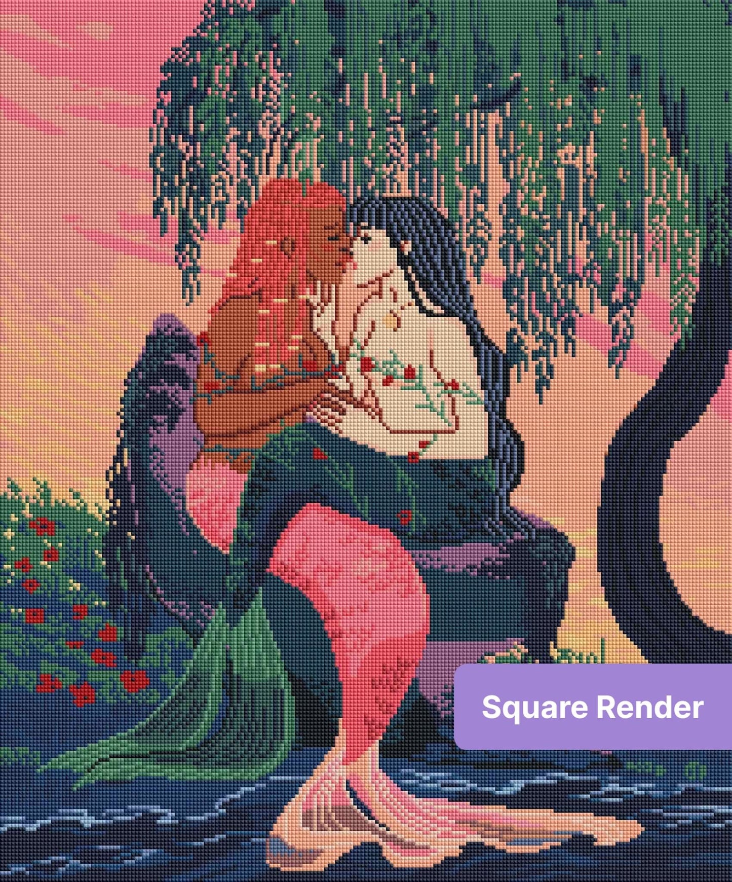 Two mermaids kissing beneath a willow tree in a romantic fantasy scene