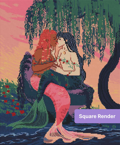 Two mermaids kissing beneath a willow tree in a romantic fantasy scene