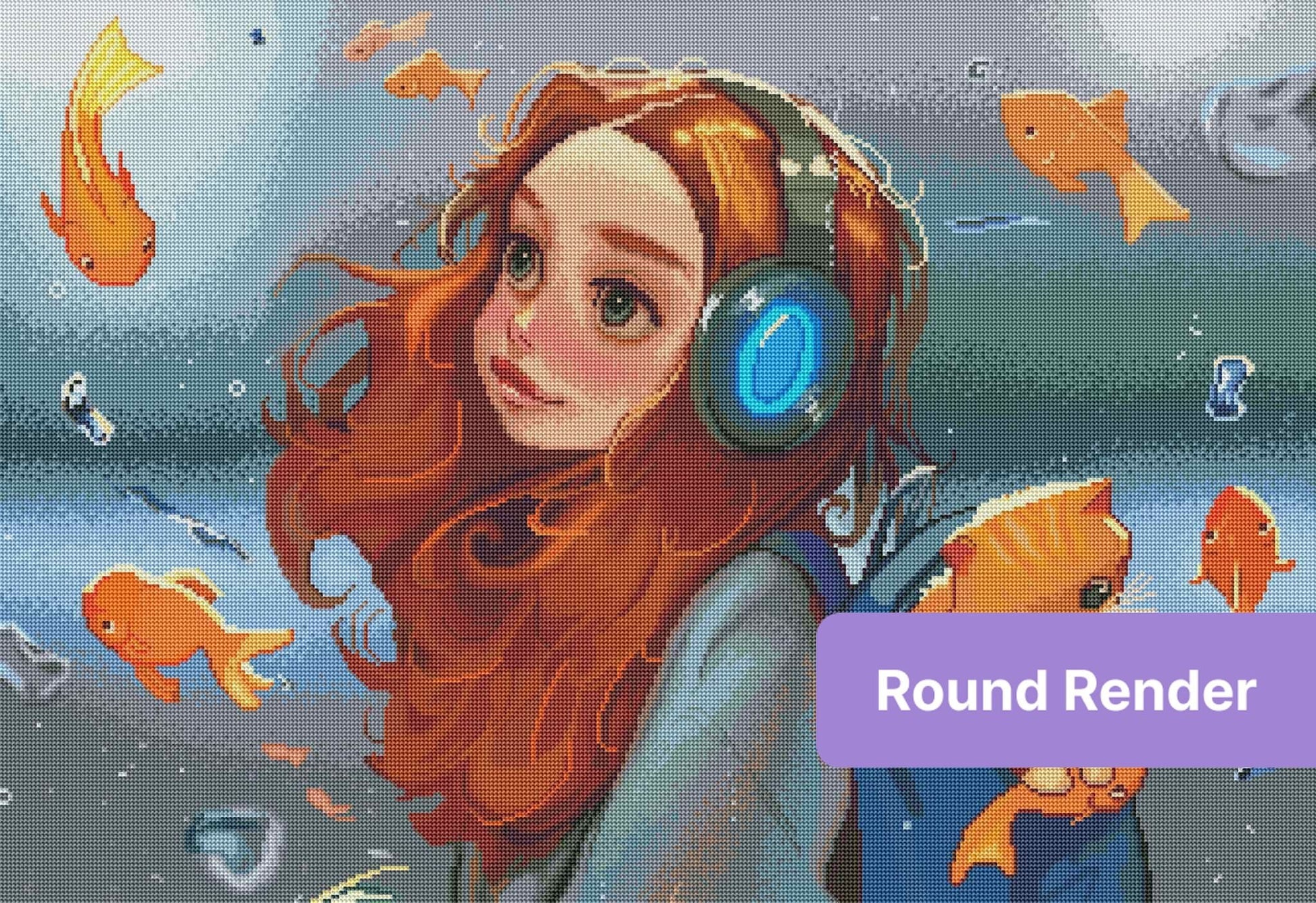Whimsical girl with red hair and headphones surrounded by orange fish in a dreamy underwater style
