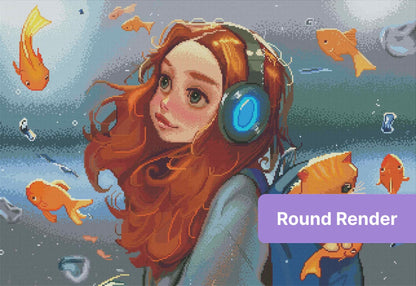Whimsical girl with red hair and headphones surrounded by orange fish in a dreamy underwater style