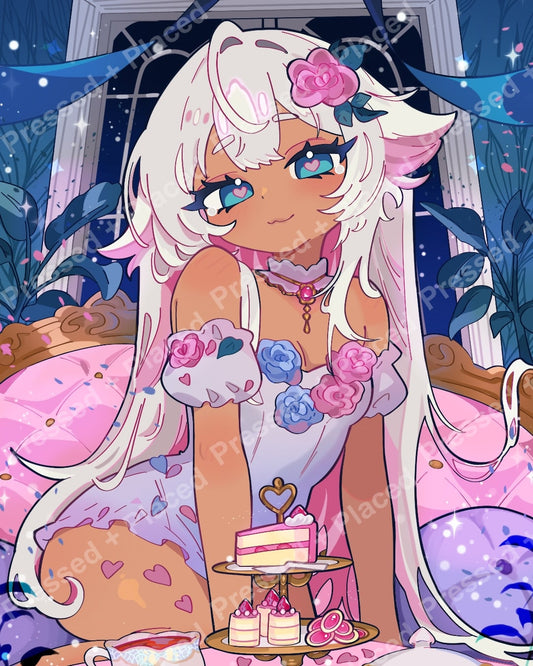 Anime-style fairy girl with white hair, pink flowers, and pastel fantasy details