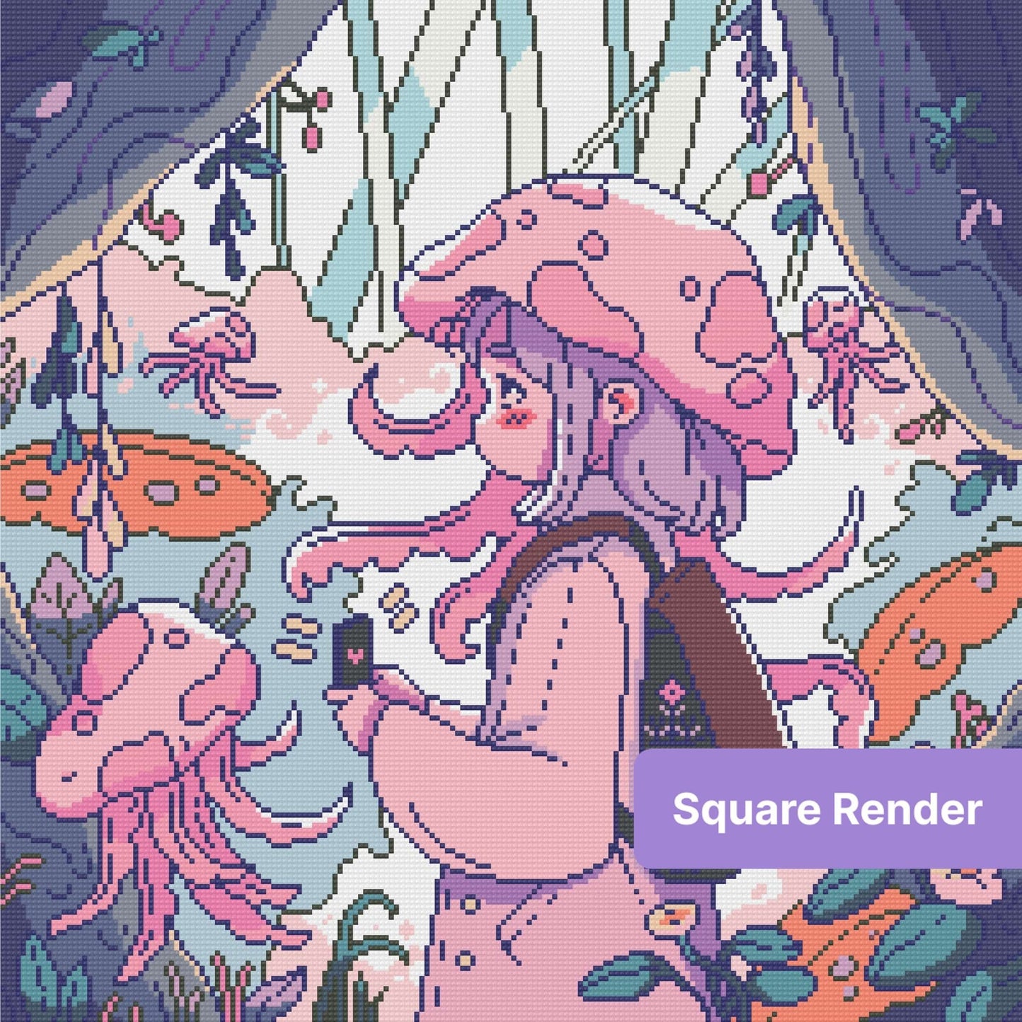 Cute mushroom girl in a pastel fantasy forest with flowers, vines, and jellyfish-like mushrooms